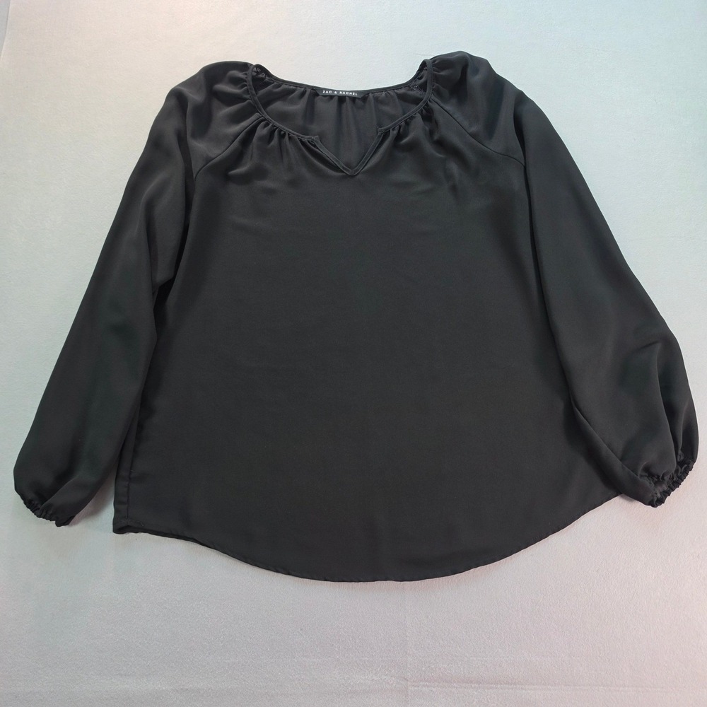 Zac & Rachel Black Split Neck Blouse Large Long Sleeve Career Workwear Top
